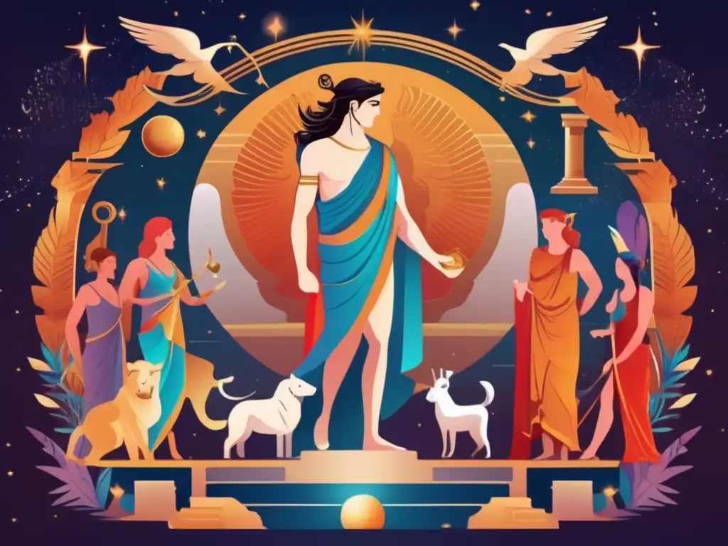Euhemerus, rodeado de dioses y diosas, en una ilustración digital vibrante y moderna que fusiona mitología e interpretación histórica