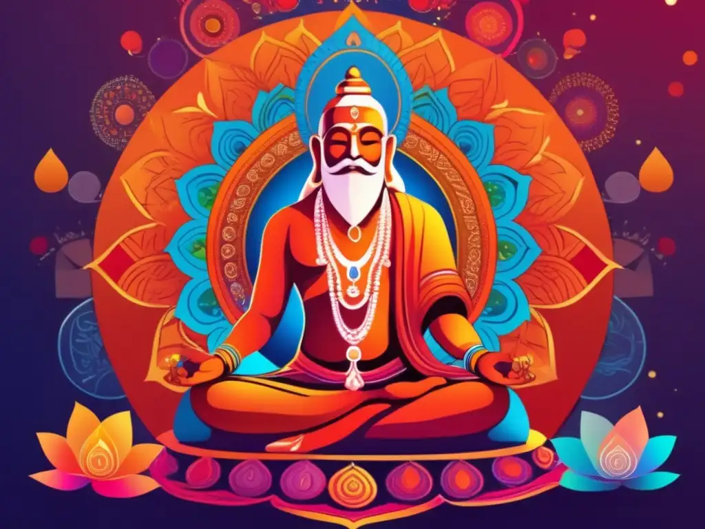 En la ilustración, Adi Shankaracharya medita rodeado de mandalas, simbolizando la dualidad y la interconexión del universo