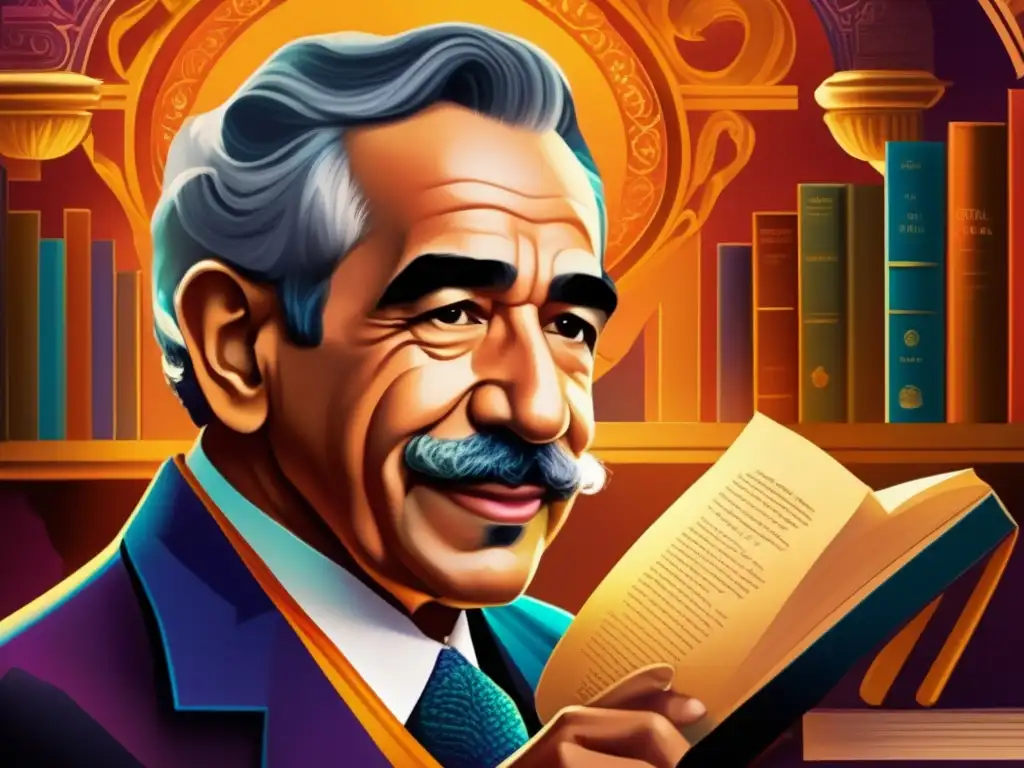 Biografía completa de Gabriel García Márquez recibiendo el Nobel, rodeado de elementos de realismo mágico