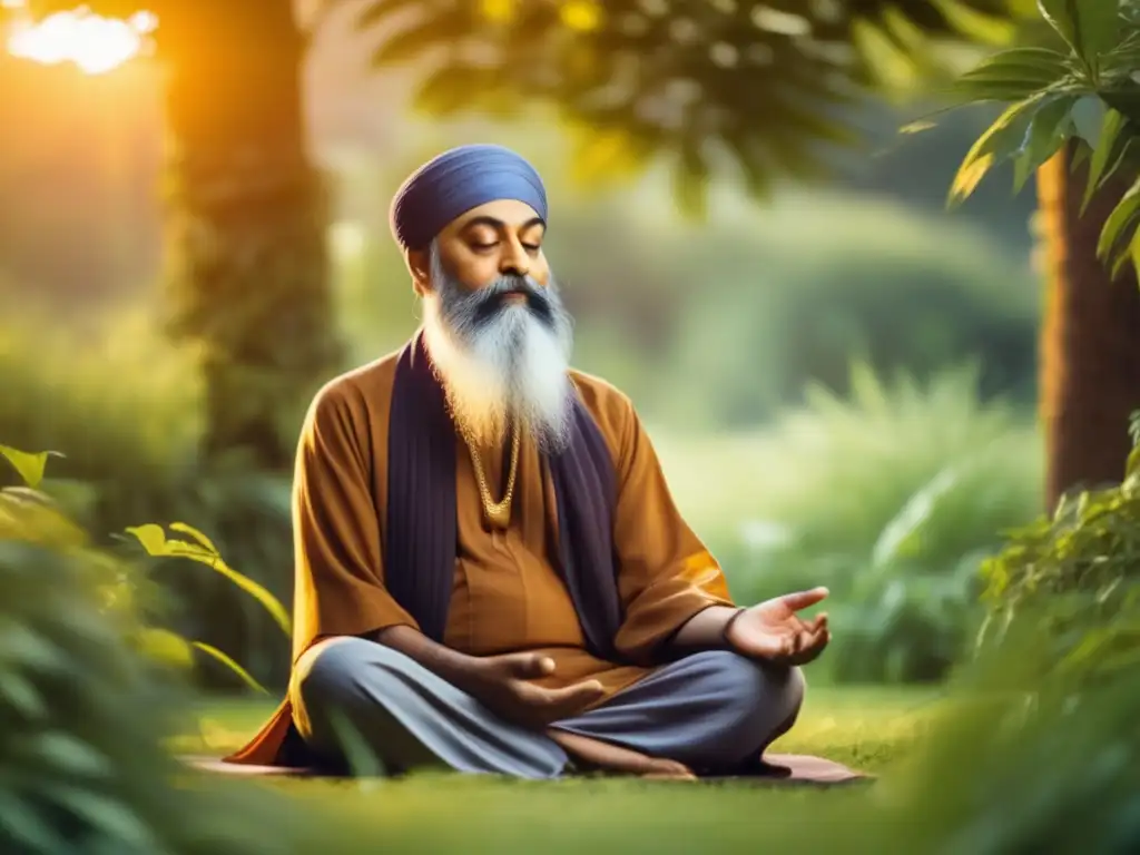 Osho en meditación, rodeado de exuberante vegetación bañada por la cálida luz del atardecer