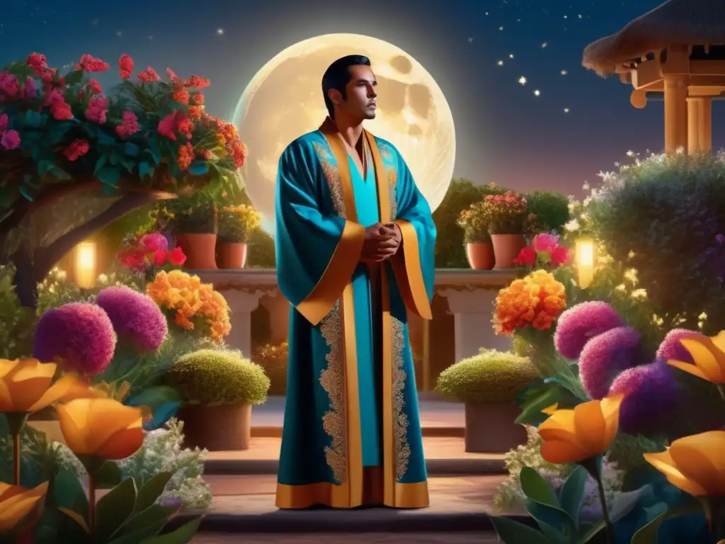 En el jardín de la noche, Juan de la Cruz se conecta espiritualmente, rodeado de flores vibrantes bajo la luz de la luna llena