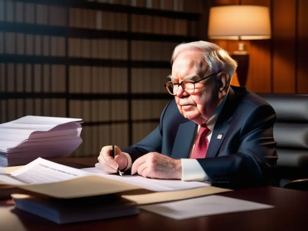 Warren Buffett, rodeado de informes financieros, concentrado y determinado