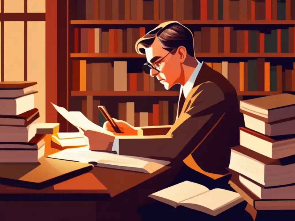 Thomas Mann Nobel, rodeado de libros y papeles, concentrado en su escritorio