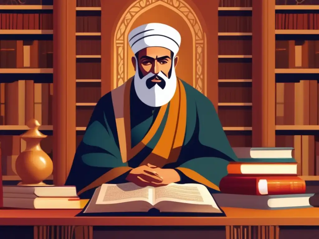 En la ilustración, Ibn Rushd reflexiona rodeado de libros y pergaminos, en un ambiente intelectual de Al-Ándalus
