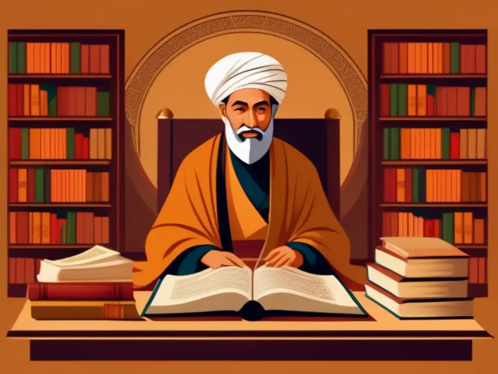Ibn Khaldun, rodeado de libros y pergaminos, reflexiona sobre el concepto de mundo
