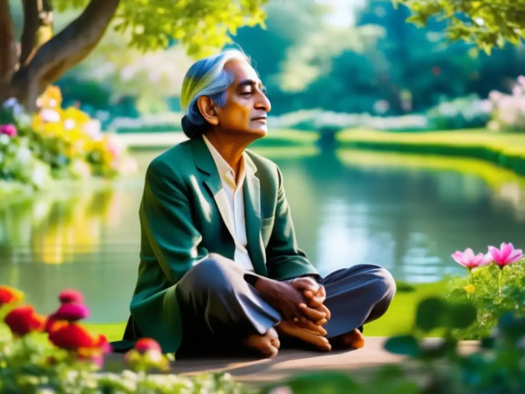 Jiddu Krishnamurti en meditación, rodeado de naturaleza exuberante y serenidad