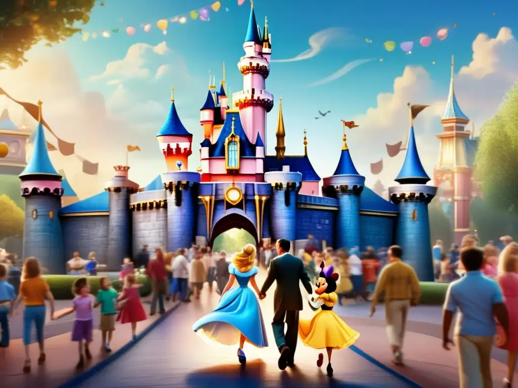 Walt Disney pasea por Disneyland rodeado de niños y familias, con el icónico Castillo de Cenicienta al fondo