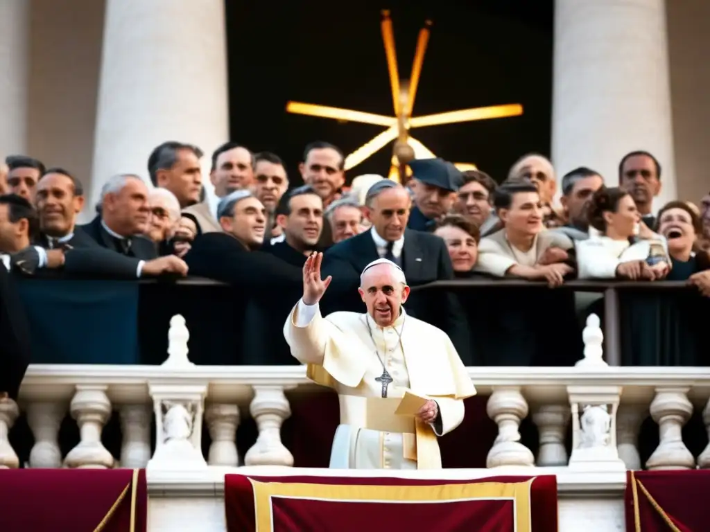 El polémico Papa Pío XII: imagen detallada y tensionante Papa Pío XII en el balcón de la Basílica de San Pedro, rodeado de seguidores y críticos