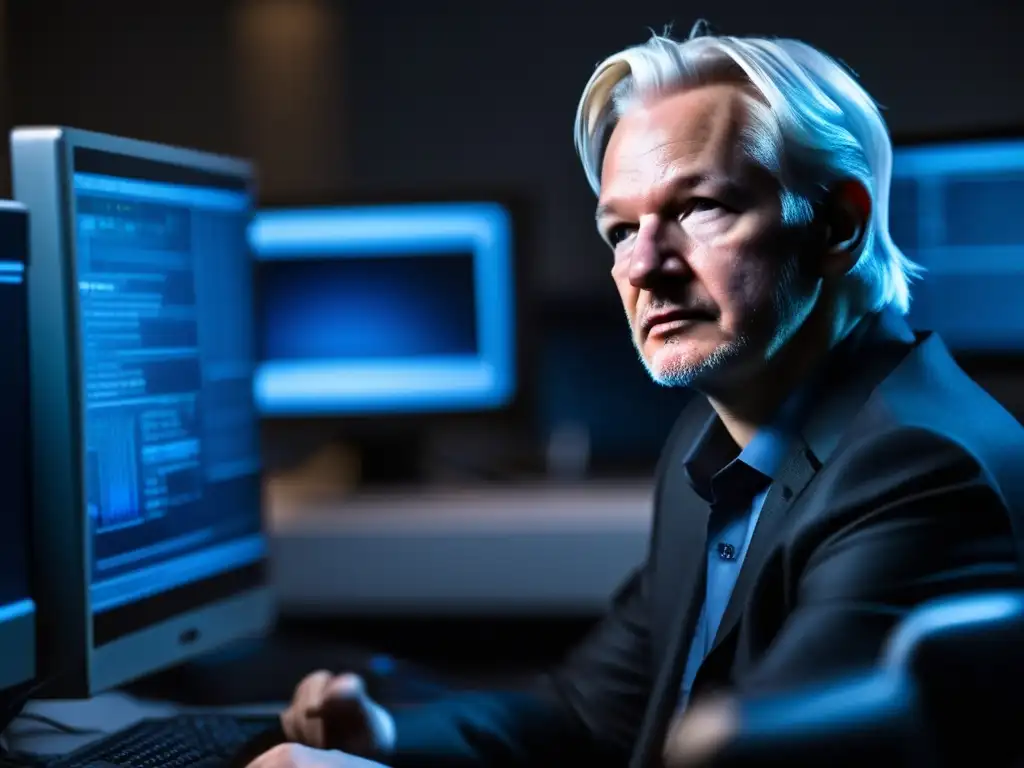 Julian Assange, rodeado de tecnología en una habitación oscura, trabaja con determinación en la exposición de información