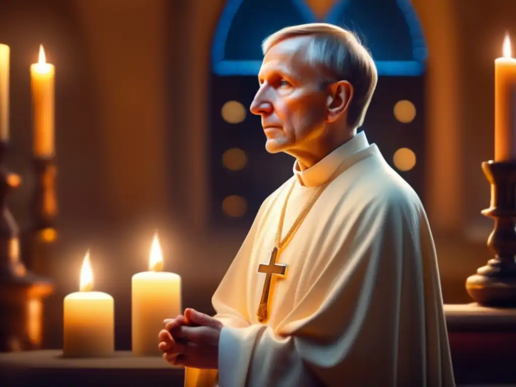 Meister Eckhart en meditación, rodeado de velas, con expresión serena y reflexiva