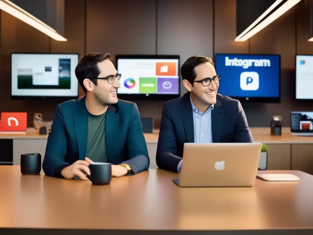 Kevin Systrom y Mike Krieger colaboran en la evolución de Instagram, rodeados de tecnología en una oficina moderna