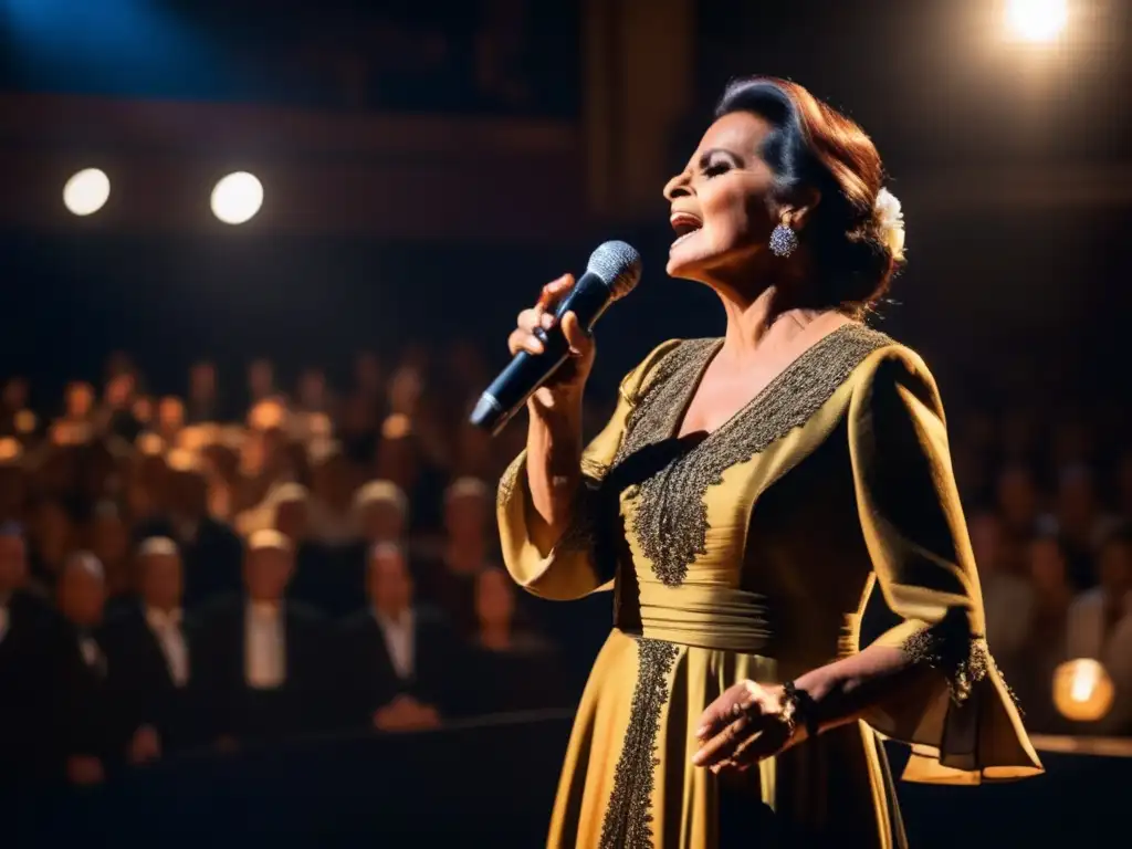 Amalia Rodrigues irradia pasión y arte en el escenario, envuelta en un dramático foco de luz, mientras cautiva al público con su emotiva música fado