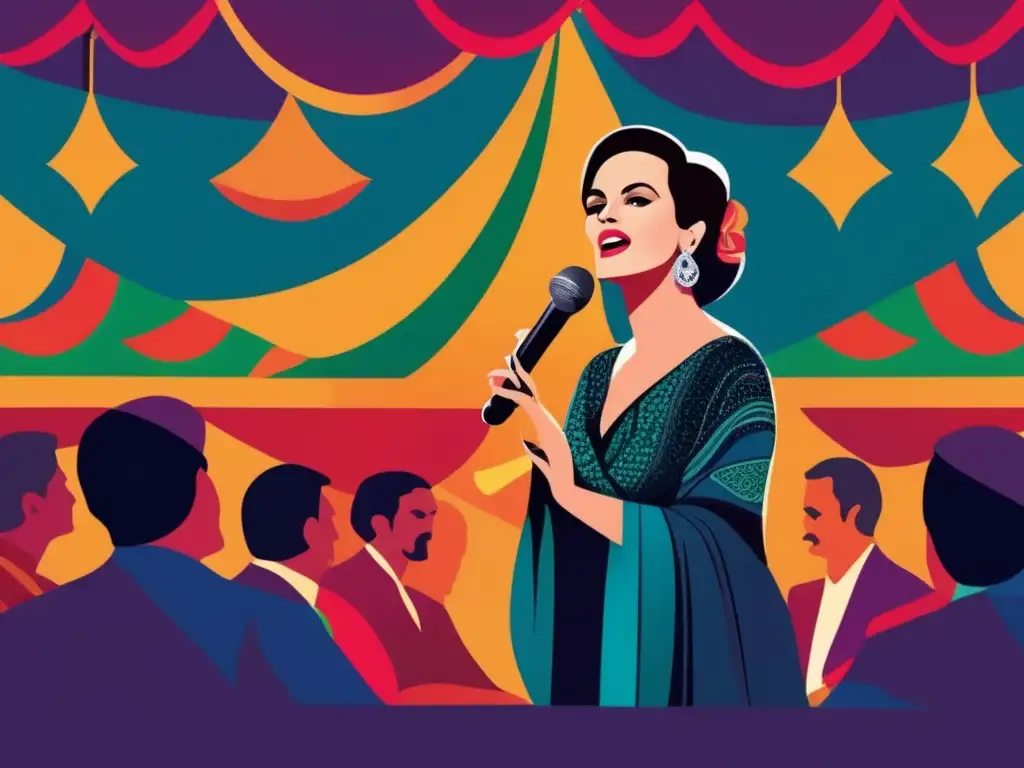 Amalia Rodrigues difusión música portuguesa en ilustración vibrante de escenario fado tradicional con iluminación dinámica y audiencia cautivada