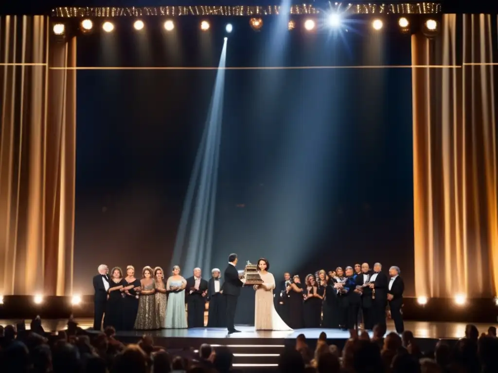 Amalia Rodrigues recibe premio de música portuguesa en ceremonia emotiva con el público aplaudiendo y el escenario decorado con motivos culturales