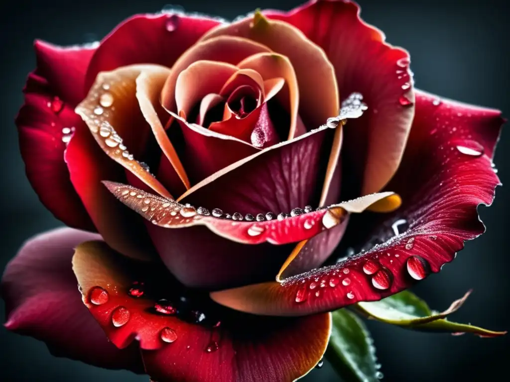 Una rosa roja con gotas de agua sobre pétalos, en un fondo oscuro