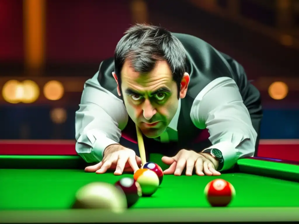 Ronnie O'Sullivan concentrado en tiro de snooker, evocando su vida y legado