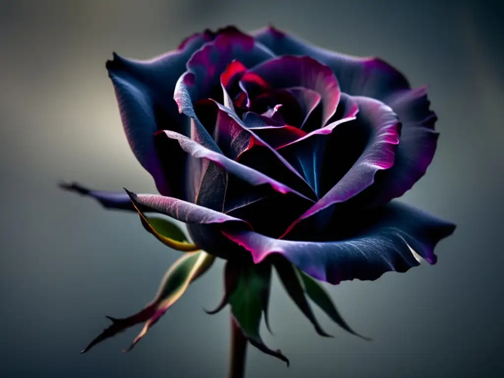 Una rosa marchita en tonos morados y carmesí, capturando la melancólica elegancia de 'Flores del Mal' de Charles Baudelaire