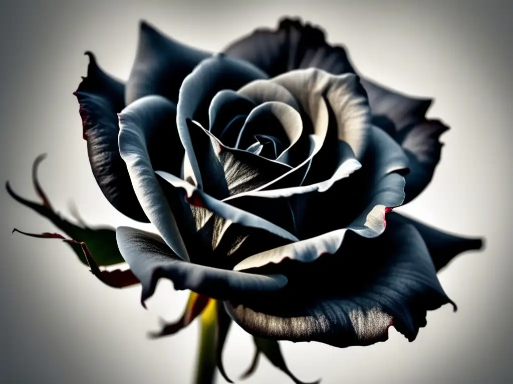 Una rosa negra marchita sobre fondo blanco, con pétalos delicadamente curvados y bordes oscurecidos