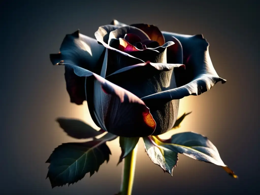 Una rosa negra marchita iluminada por un rayo de luz, evocando la melancolía y el romanticismo oscuro de 'Flores del Mal' de Charles Baudelaire