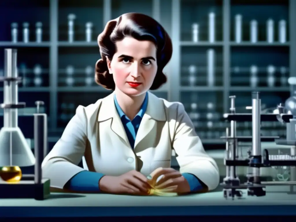 Rosalind Franklin investigando la estructura del ADN en un laboratorio moderno, destacando su importancia en la comunidad científica