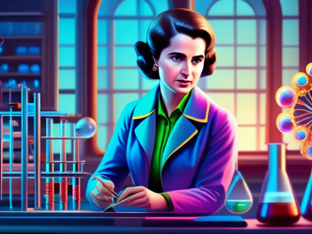 Rosalind Franklin en su laboratorio rodeada de equipo científico y hélices de ADN, reflejando la importancia de su trabajo en genética