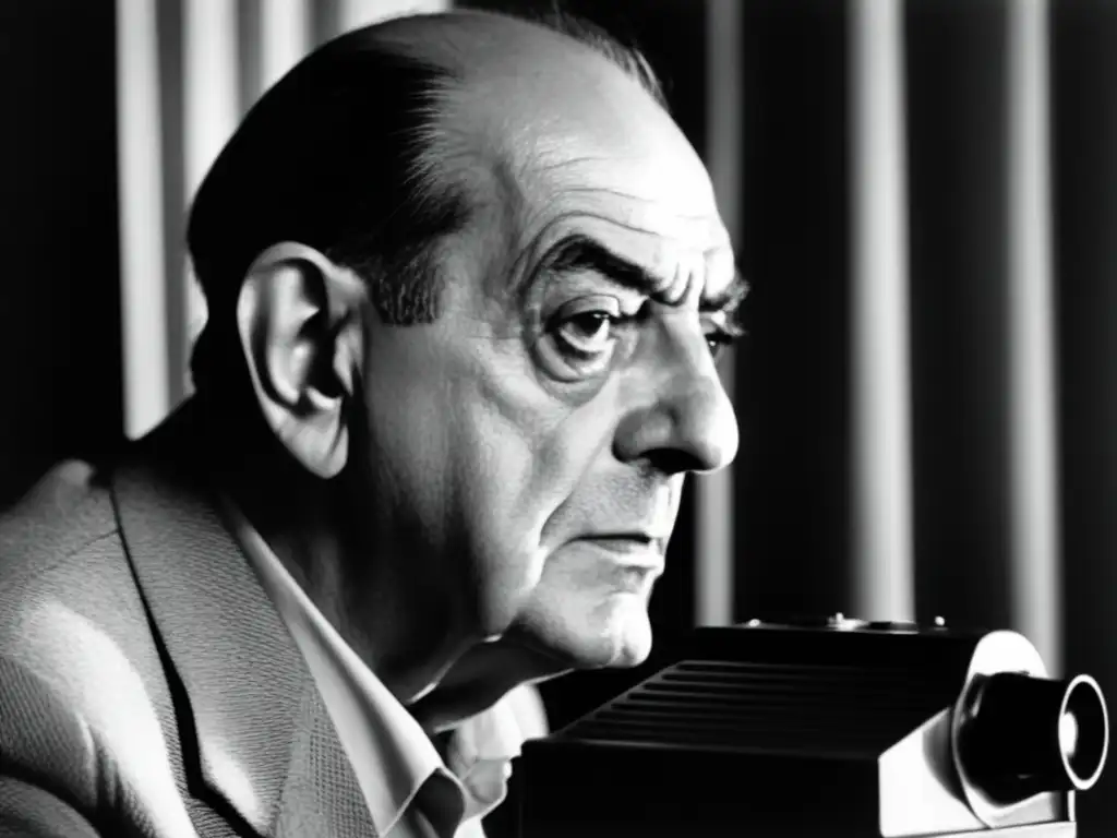 Luis Buñuel, rostro intenso y contemplativo en blanco y negro, reflejando su biografía política