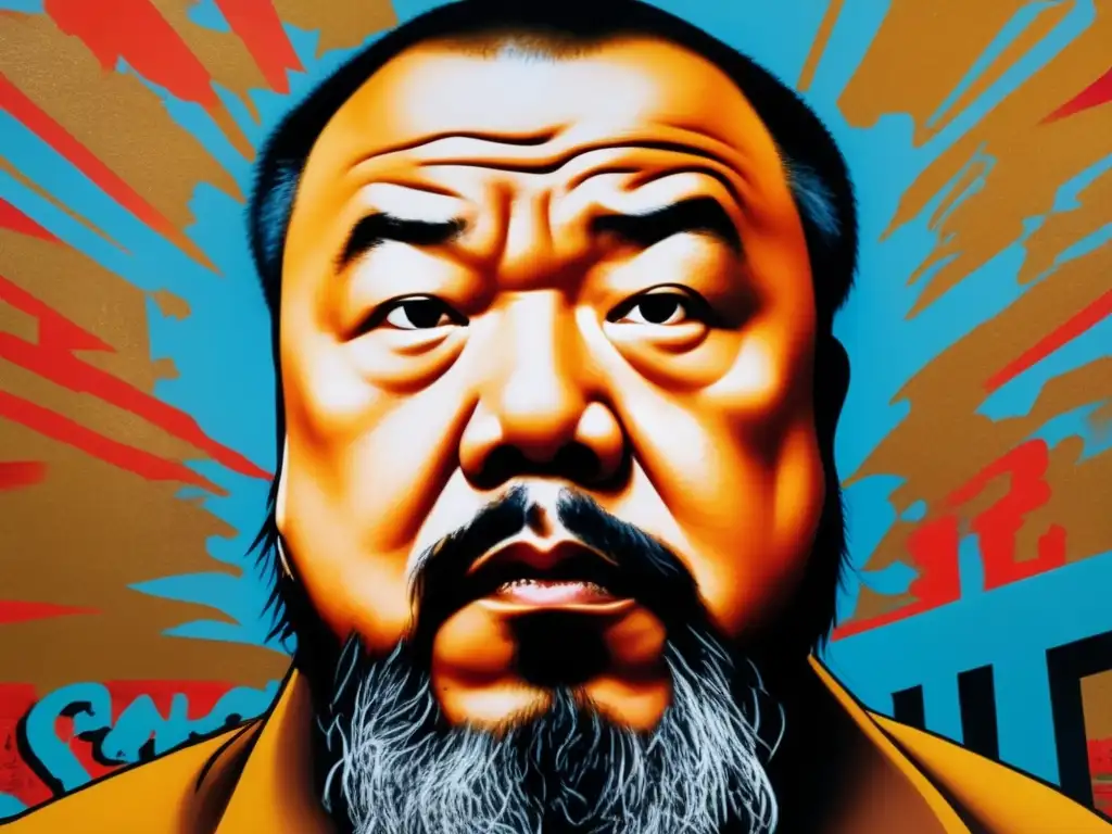El rostro poderoso y desafiante de Ai Weiwei, luchando por la libertad de expresión en China, rodeado de arte callejero que representa la resistencia y la censura