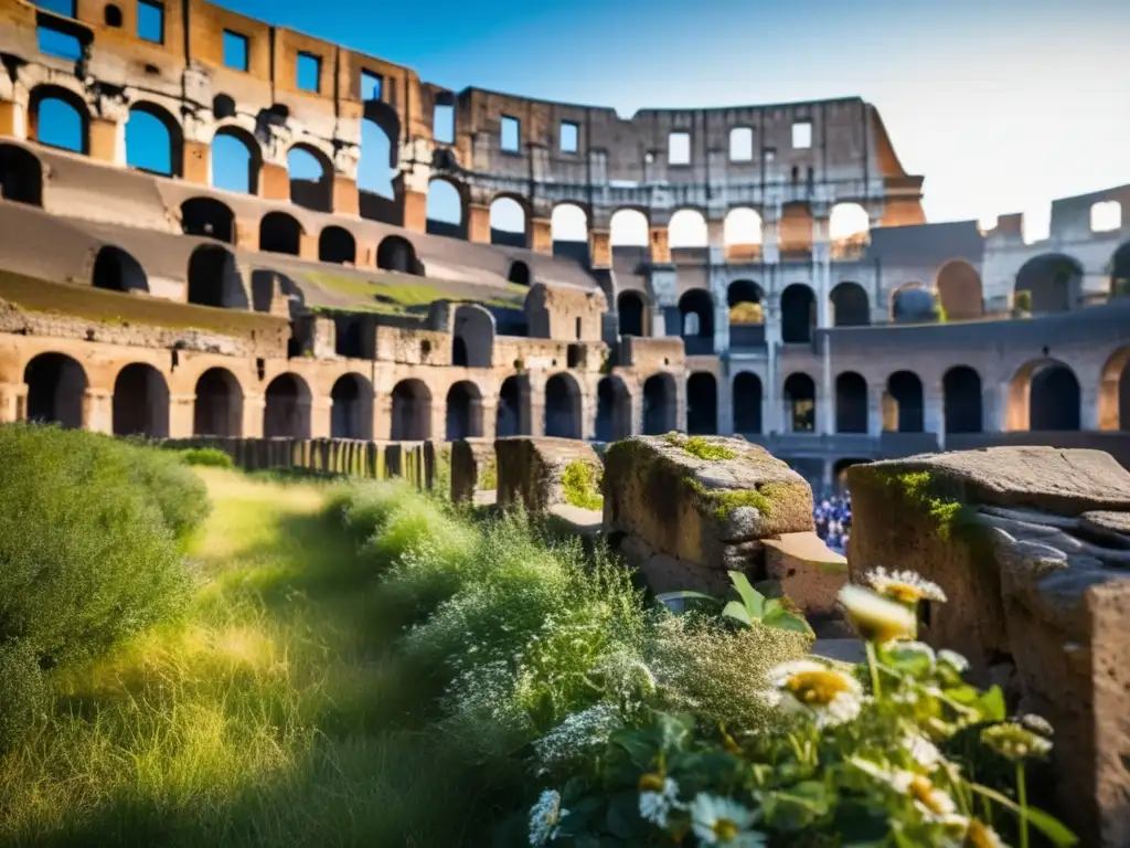 Las ruinas del Coliseo Romano muestran el paso del tiempo y el declive del imperio, con grietas y piedra desgastada