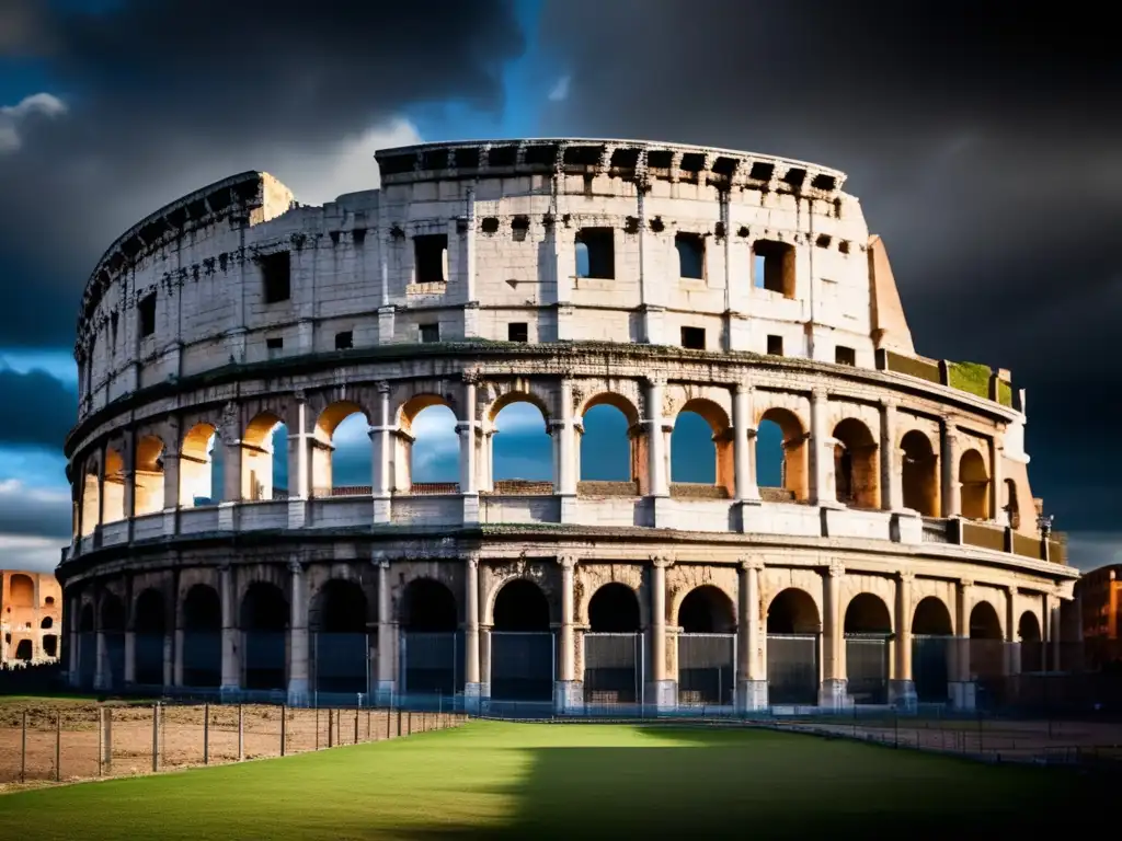 Desde las ruinas majestuosas del Coliseo Romano, con detalles intrincados y un cielo dramático, evocando grandiosidad y decadencia
