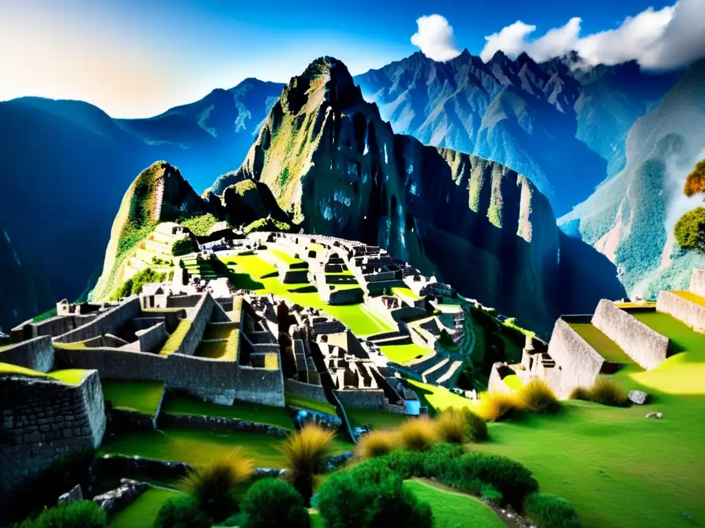 Ruinas de Machu Picchu con los majestuosos Andes de fondo, mostrando la antigua civilización inca y el impresionante paisaje natural de Perú
