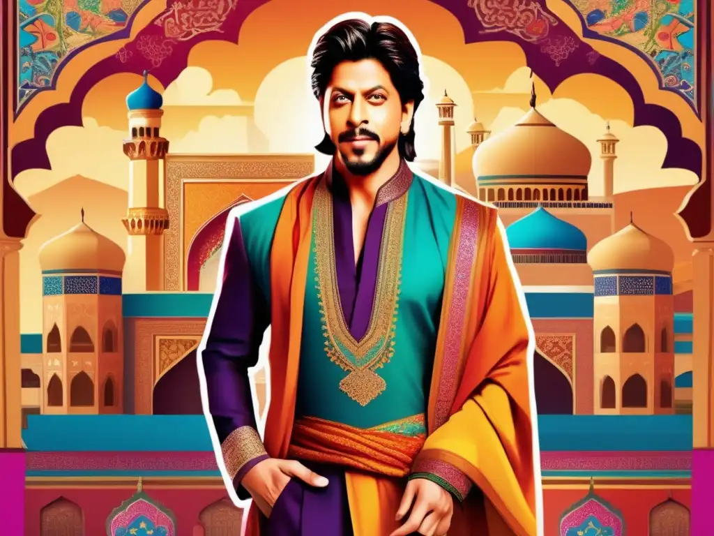 Shah Rukh, ataviado con espléndido atuendo Timurid, inmerso en el bullicio de un mercado persa