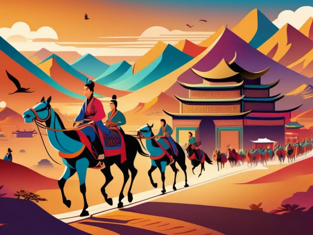 Zhang Qian embarca en la Ruta de la Seda, rodeado de caravanas comerciales y majestuosas montañas