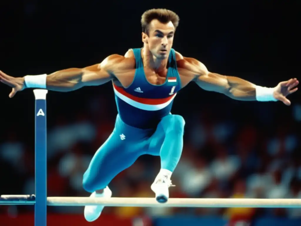 Biografía de Vitaly Scherbo Barcelona 92: Vitaly Scherbo realiza una rutina impecable en las barras paralelas durante las Olimpiadas de Barcelona 1992, demostrando una fuerza y precisión increíbles