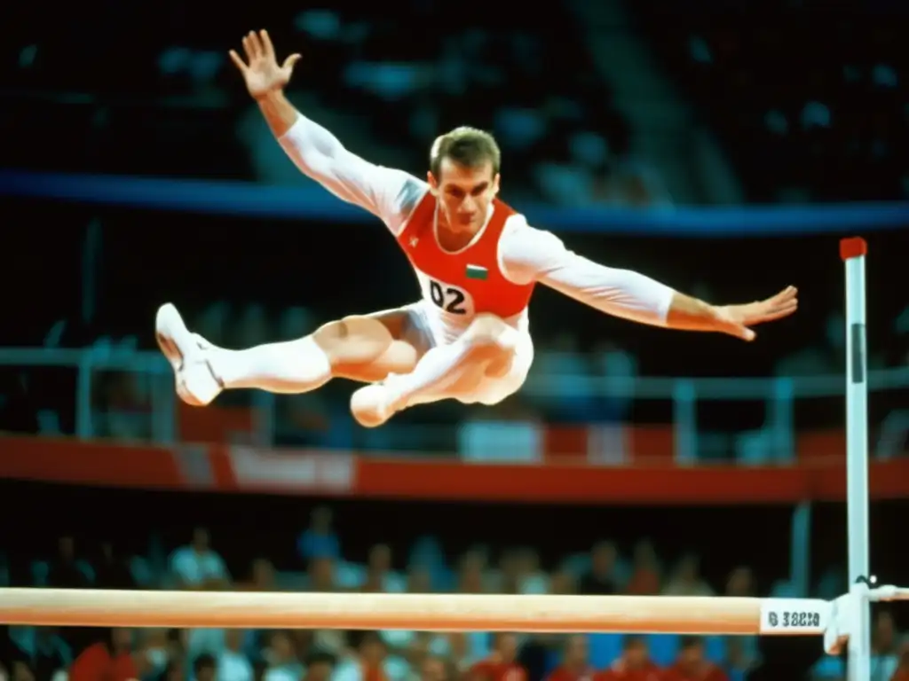 Biografía Vitaly Scherbo Barcelona 92: Vitaly Scherbo ejecuta una rutina impecable en las barras paralelas, mostrando fuerza, equilibrio y forma perfecta en los Juegos Olímpicos de Barcelona 1992