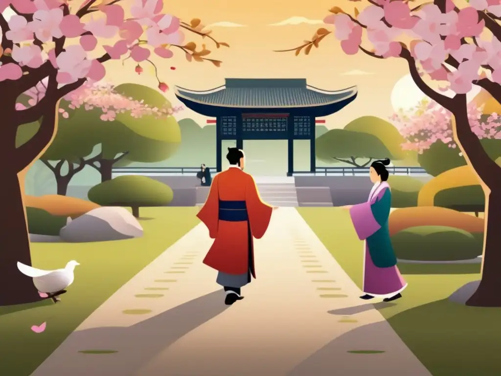 Un sabio Confucio enseña a estudiantes bajo cerezos en flor en un jardín sereno de China