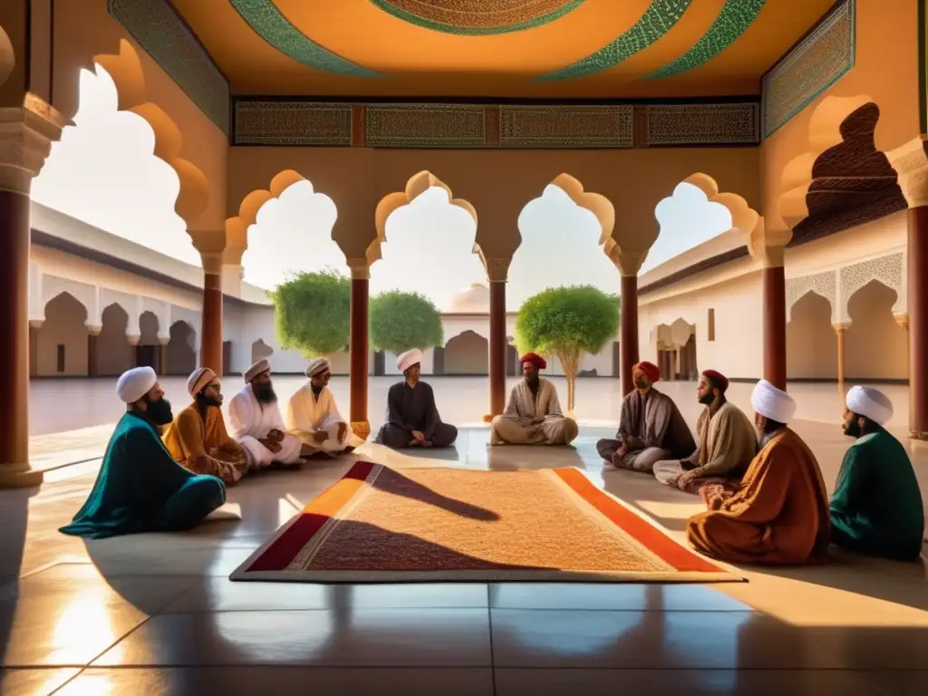 Un sabio maestro Sufí enseña a sus discípulos en un patio africano, destacando la enseñanza Sufí de Mâlik Sy