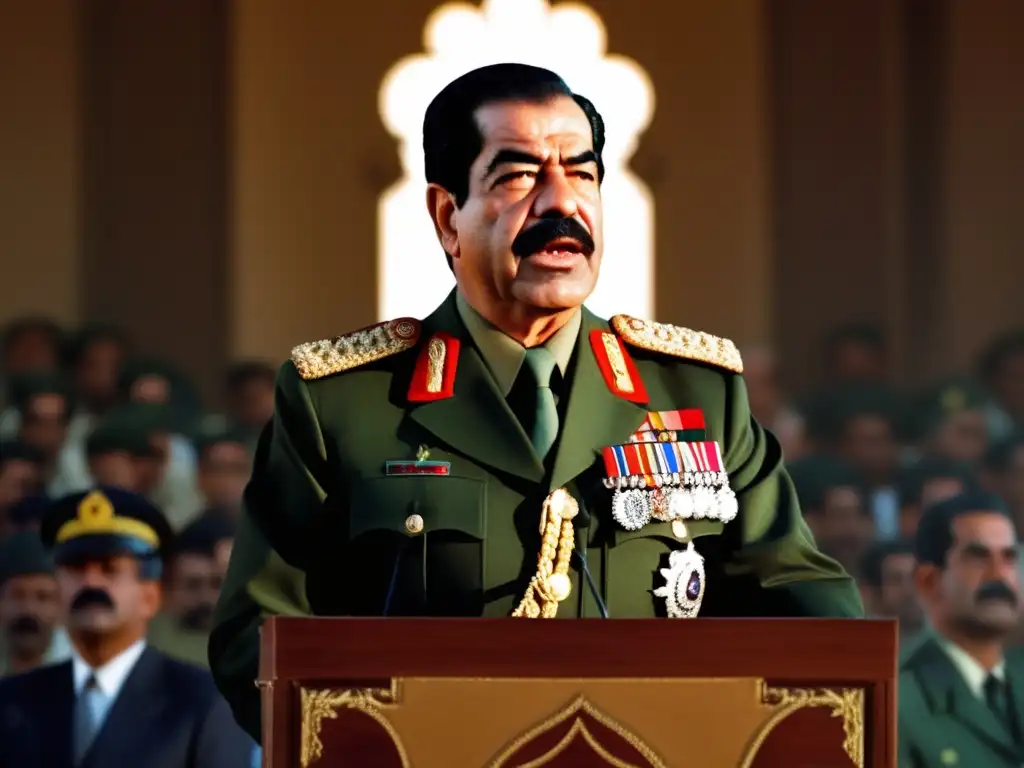 Saddam Hussein pronuncia un apasionado discurso a la multitud, con una iluminación dramática que resalta su presencia autoritaria