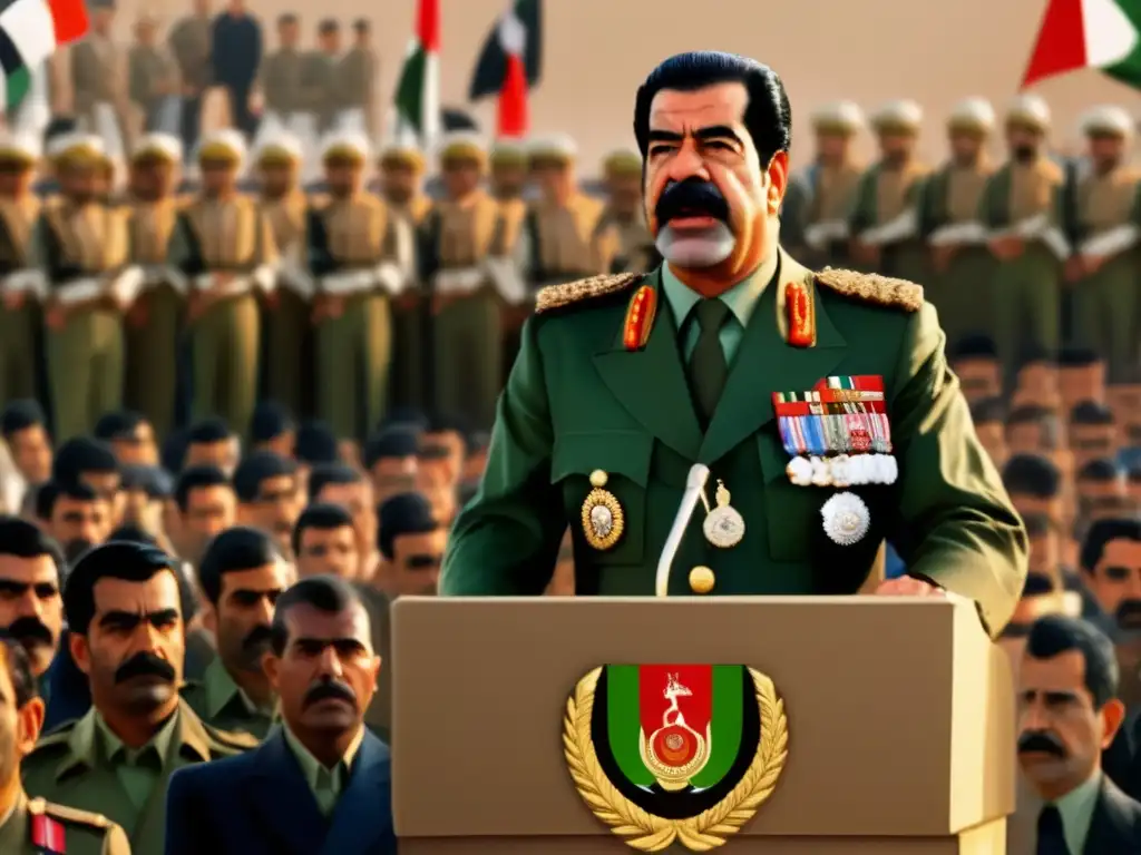 Saddam Hussein pronuncia un discurso ante una multitud, rodeado de banderas y guardias armados