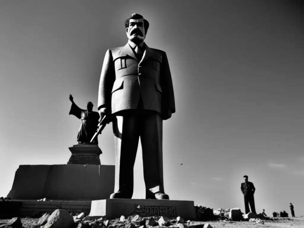 Saddam Hussein de pie frente a una estatua en ruinas, con expresión solemne