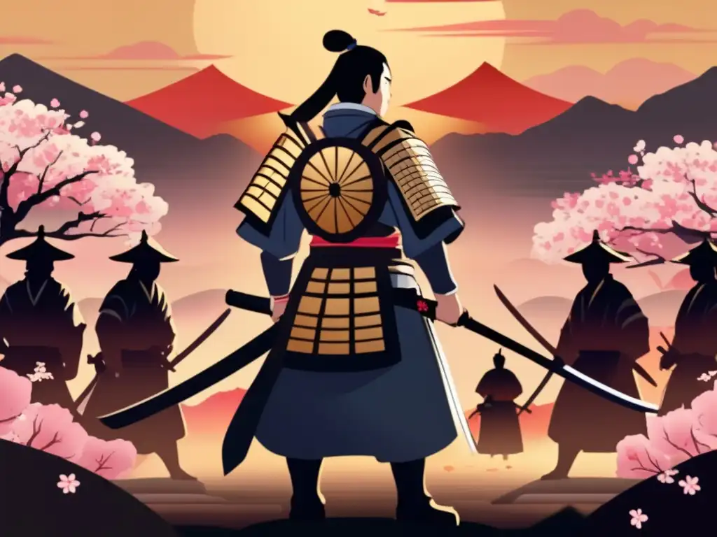 Saigō Takamori Restauración Meiji Samurai lidera valientemente a sus guerreros en un dramático campo de batalla al atardecer, con armadura samurái y katana en mano, rodeado de pétalos de cerezo