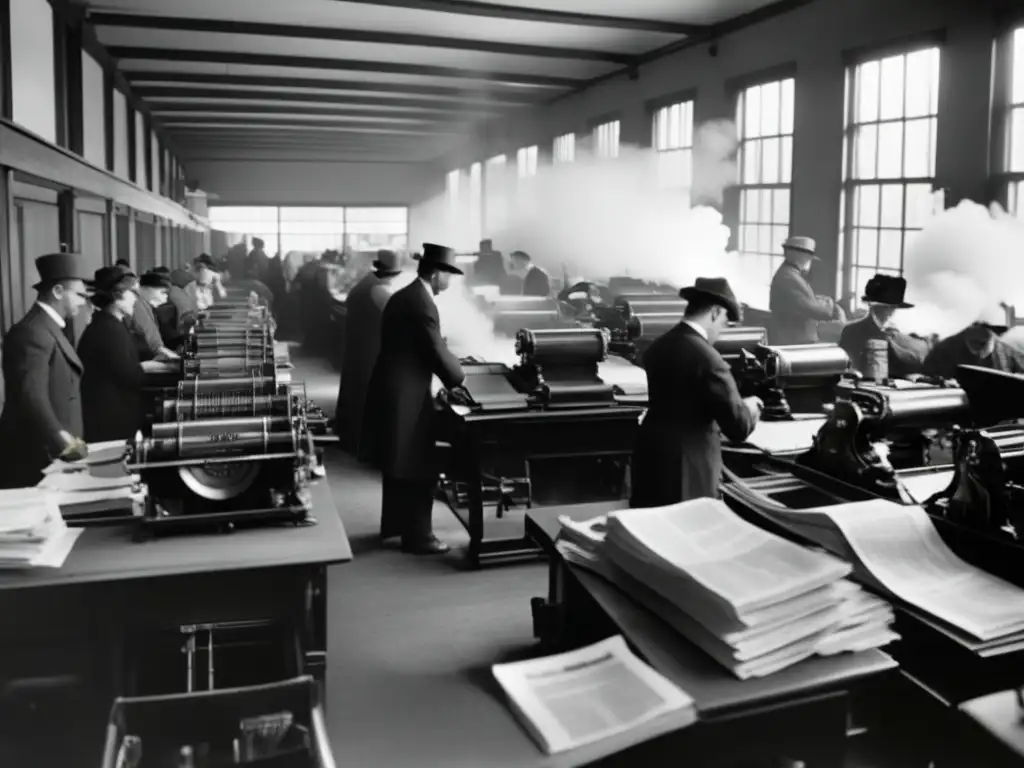 En una sala de redacción en blanco y negro de principios de 1900, periodistas trabajan frenéticamente en máquinas de escribir y prensas de impresión, creando una atmósfera de energía y urgencia durante el periodo del periodismo investigativo y la lucha contra la corrupción