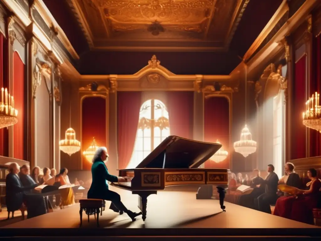En una sala de conciertos barroca, Jean-Philippe Rameau toca el clavecín con pasión, rodeado de instrumentos y vestimenta de la época