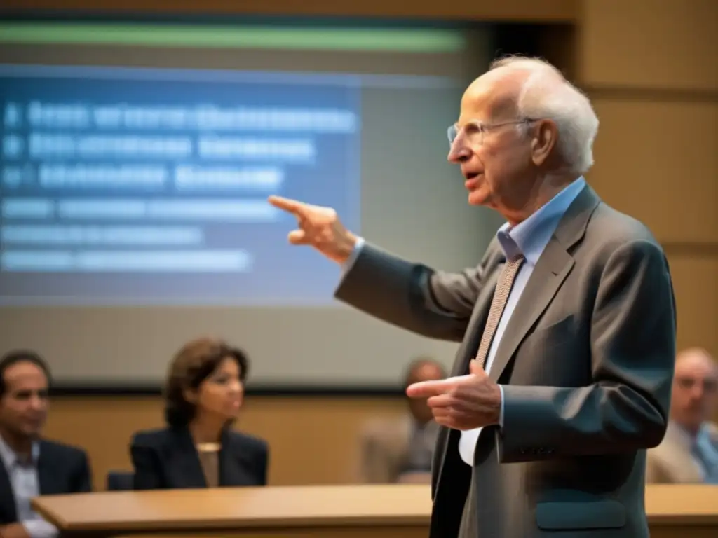 En una sala de conferencias moderna, Gary Becker da una conferencia sobre economía del comportamiento humano