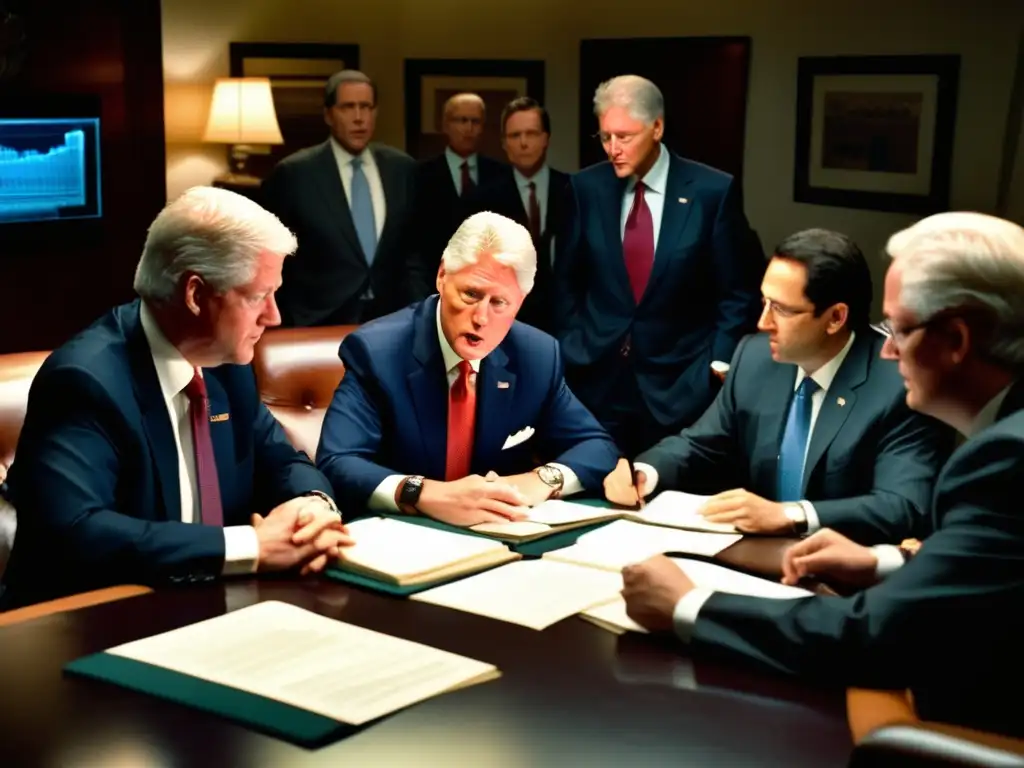 En la Sala de Crisis de la Casa Blanca, Bill Clinton y su administración discuten estrategias de contención de crisis con intensidad y determinación