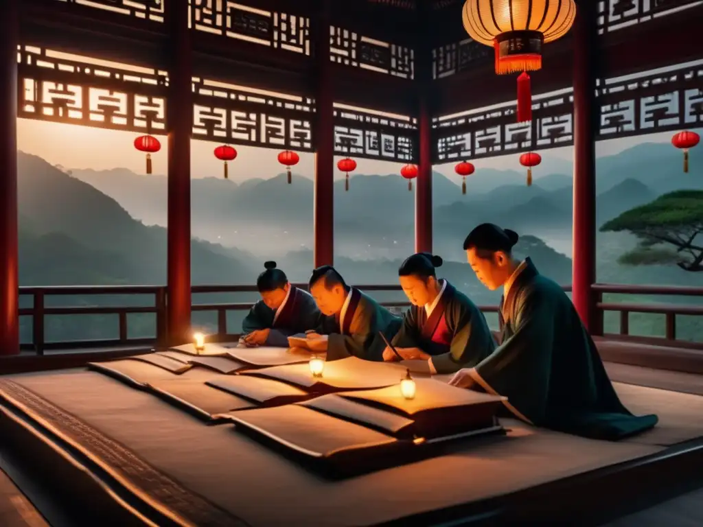 En una sala de exámenes imperial, eruditos chinos escriben con dedicación bajo la luz de las linternas, evocando la meritocracia en la antigua China