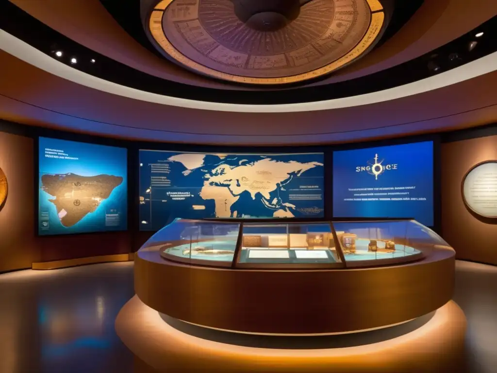 En una sala iluminada, un moderno exhibidor resalta herramientas de navegación antigua y artefactos de la ruta de especias