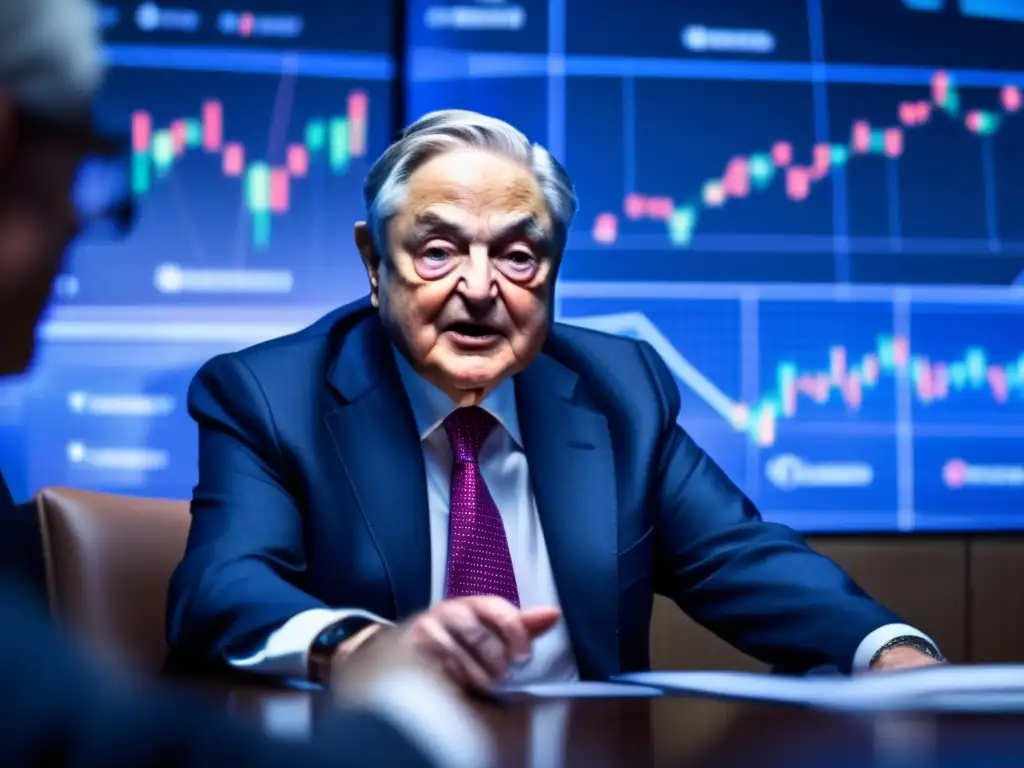 En una sala de juntas moderna, George Soros lidera una intensa discusión con ejecutivos, rodeado de gráficos financieros