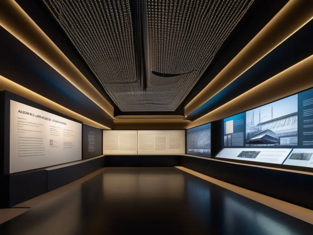 Una sala de exposición moderna con una gran pantalla interactiva sobre la historia de André Marie Ampère y su legado en la electrodinámica
