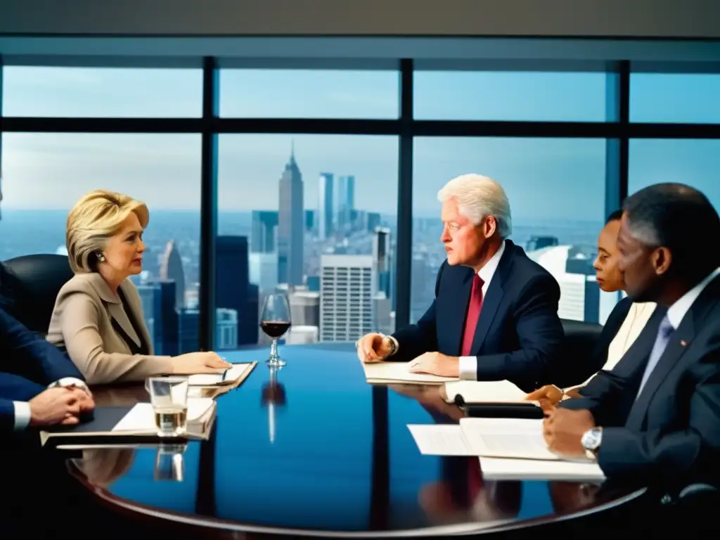 En una sala moderna, Bill Clinton lidera una reunión estratégica para contener crisis