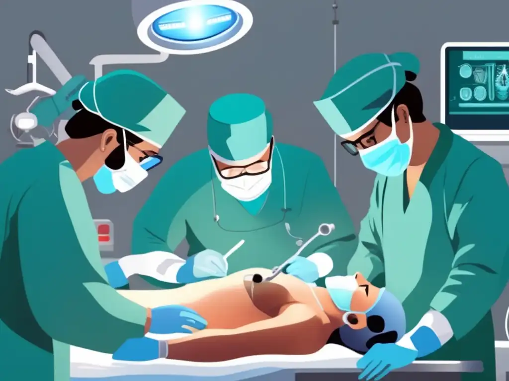 En una sala de operaciones moderna y bien iluminada, AlZahrawi realiza cirugía mientras un equipo diverso de profesionales médicos colabora